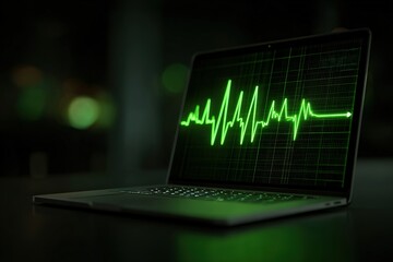 Heartbeat monitor display on laptop screen with green pulse line at night in a dimly lit room