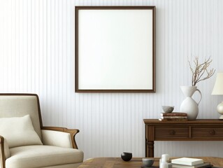 Beige Armchair And Wooden Console Table In A Minimalist Living Room With A Large Empty Frame On A White Wooden Wall