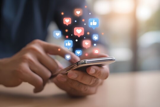 Person using smartphone, social media icons