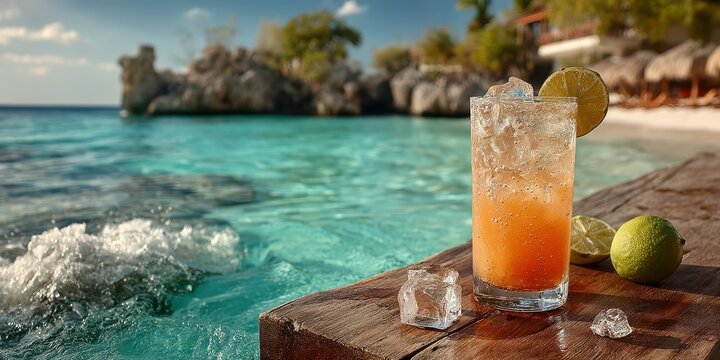 Refreshing cocktail on a wooden table by the beach with clear blue water and rocks in the background on a sunny day