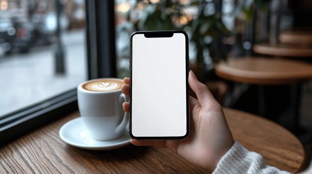 A person holds a smartphone with a blank screen in a cozy cafe, next to a cup of latte art coffee by the window on a wooden table.