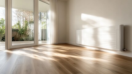 Fototapeta premium A bright and airy minimalist room featuring beautiful timber flooring, large glass doors, and soft light illuminating the space, perfect for modern living and natural comfort.
