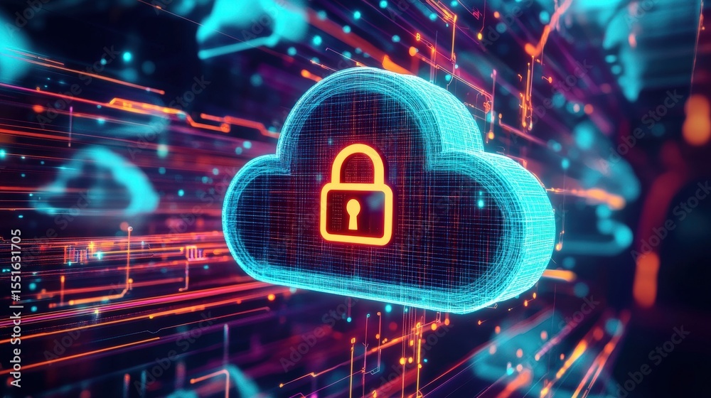Poster a digital cloud with a glowing lock symbol, representing secure cloud computing and data protection 