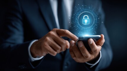 A person in a suit using a smartphone with a digital padlock security symbol