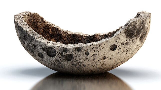 Lunar-esque, textured, hollowed sculpture; cratered surface, partial sphere with light & shadow play on white