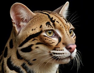 Fototapeta premium Ocelot Close-Up on Black Background. Perfect for wildlife, zoological, educational, and conservation-related visual content.