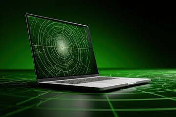 Green abstract radar display on laptop screen with intricate design and futuristic feel