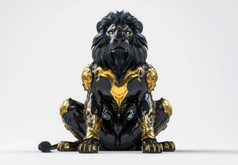 Fototapeta premium Black_and_Gold_Metallic_Lion_Sculpture_Digital_Rendering