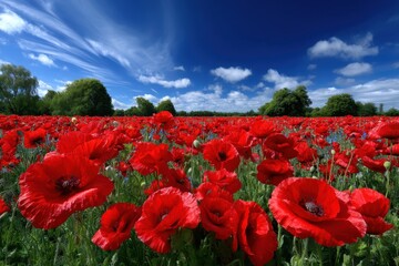 Fototapeta premium Vibrant field of red poppies under a cloudy blue sky during a sunny day