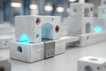 Concrete blocks with glowing interiors arranged in an industrial workspace during a design review session