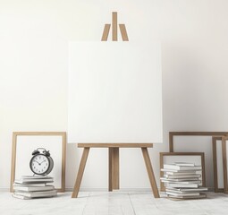 Blank White Canvas On Wooden Easel In Minimalist White Room