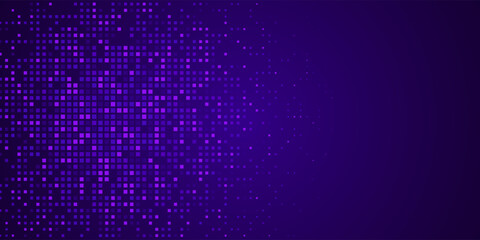 Digital pixel background. Glowing purple squares on dark backdrop. Abstract tech banner. Finance grid. Business bg. Blue mosaic. Futuristic, tech-style template. Vector Illustration