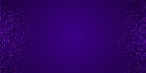Digital pixel frame. Glowing purple squares on dark background. Abstract tech banner. Finance grid. Business bg. Blue mosaic. Futuristic, tech-style template. Vector Illustration