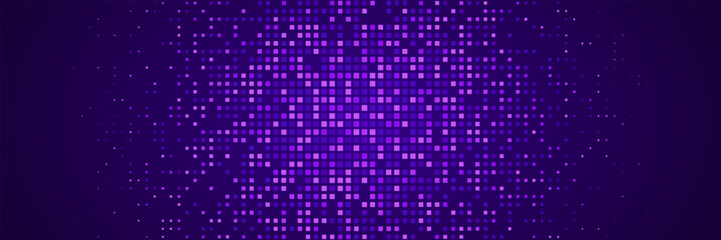 Abstract tech pixel background. Finance grid. Digital frame. Glowing purple squares on dark background. Business bg. Blue mosaic. Futuristic, tech-style template. Vector Illustration