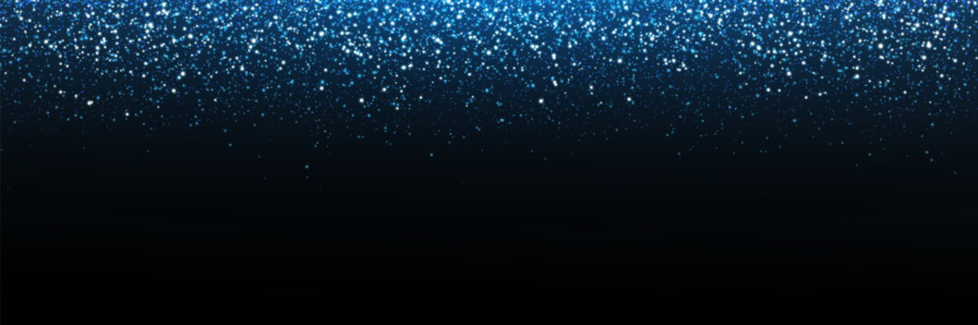 Glitter falling blue particles on dark background. Sequin twinkle powder. Sparkle glow spray. Magic star. Shine silver glow texture. Christmas card. Shimmer luxury party frame. Vector illustration