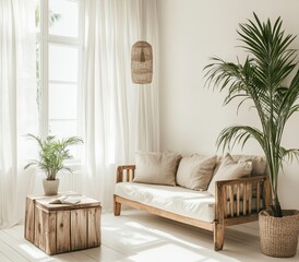 Bright Minimalist Living Room with Wooden Sofa and Palm Tree Style Plant
