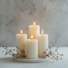Four Lit White Pillar Candles on a matte white surface. Cozy ambience concept