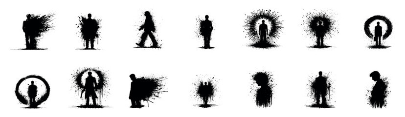  Collection of ink splatter silhouettes design, Grunge style meditation. illustration vector. ink splashes stencil, Vector illustration