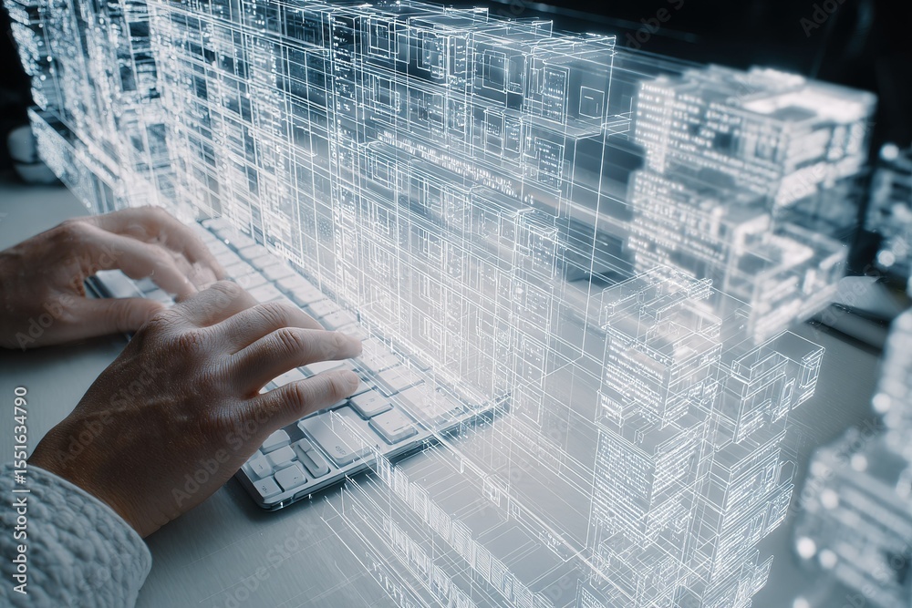 Poster digital design and technology in action with hands typing on a keyboard amidst virtual architecture