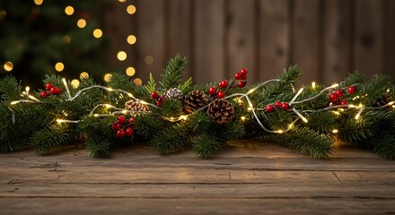 Festive Christmas Garland with Pine Cones, Berries, and Warm Fairy Lights on Rustic Wood