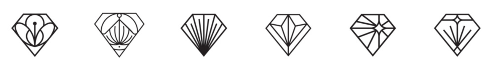 Diamond logo. Set of vector icons. Black, linear and luxury symbols. Abstract jewelry gemstones isolated on white,  Vector illustration