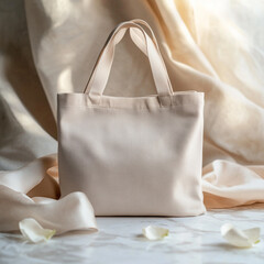 Tote bag Mockup with Natural Light and Cream Linen Fabric Background