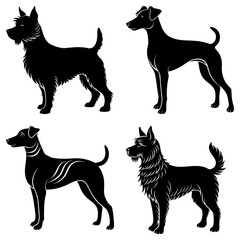 Four dog silhouettes stand isolated on white background in black color