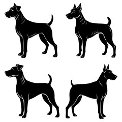 Four dog silhouettes stand isolated on white background in black color