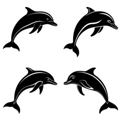Four dolphins jumping in black silhouette isolated on white background