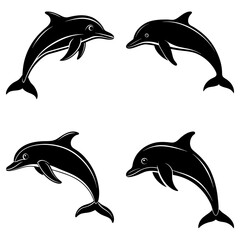 Four dolphins jumping isolated on white background in black silhouette