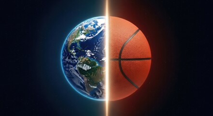 Half globe and half basketball with space background representing global sport