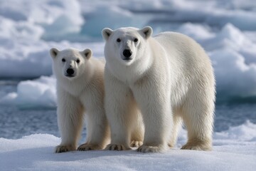 Two white polar bears stand close on a snowy surface with icy water and distant icebergs in the background