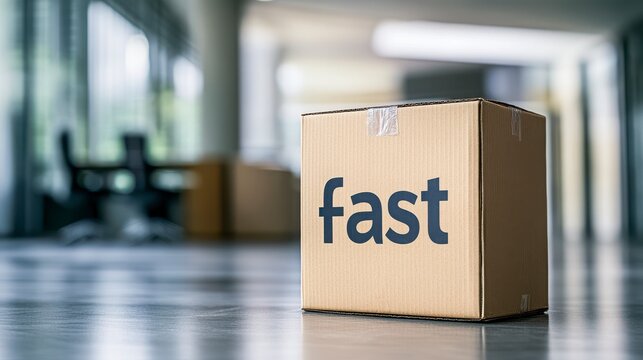Brown Cardboard Box With Fast Delivery Label On Office Floor