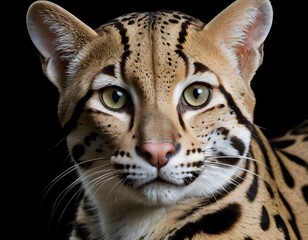 Obraz premium Ocelot Close-Up on Black Background. Perfect for wildlife, zoological, educational, and conservation-related visual content.