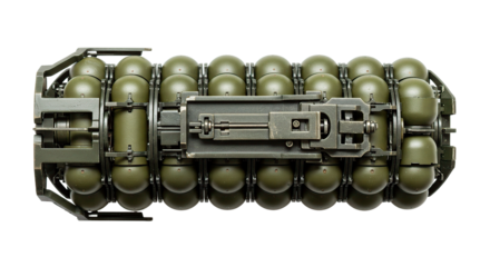 A close-up shot of a grenade launcher against a stark black background, showcasing its military design.