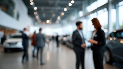 Blurred background of busy car dealership showcases people interacting and exploring various vehicles. atmosphere is vibrant and dynamic, reflecting bustling environment