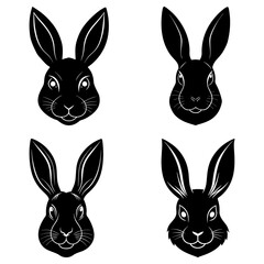 Four black rabbit head silhouettes isolated on a white background