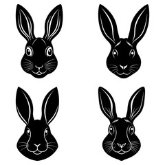 Four rabbit heads in black silhouette isolated on white background