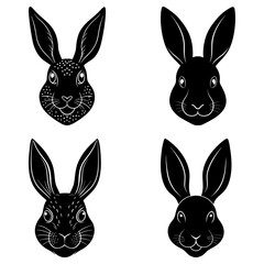 Black rabbit head silhouettes isolated on white background collection