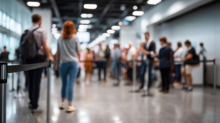 Blurred background of crowded airport terminal shows travelers waiting in line, creating sense of anticipation and movement. atmosphere is lively and dynamic, capturing essence of travel