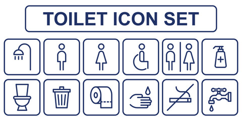 Toilet icon set, male or female restroom wc. Editable stroke. Vector illustration