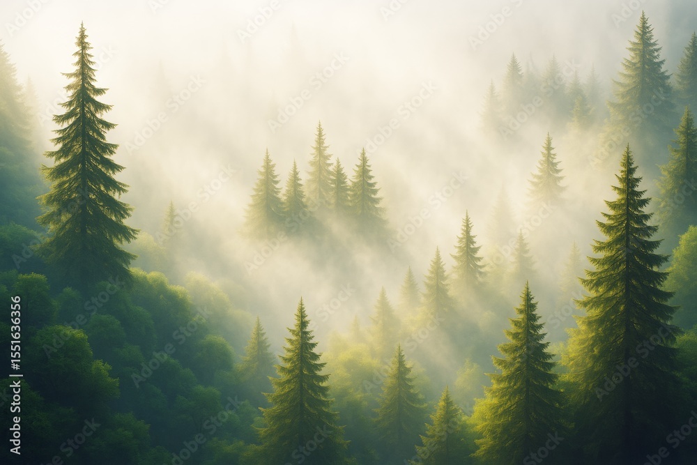 Poster misty pine forest with soft morning sunlight streaming through trees in peaceful nature mountain lan