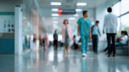 Blurred background of busy hospital interior captures hustle and bustle of healthcare professionals and patients. atmosphere conveys sense of urgency and care