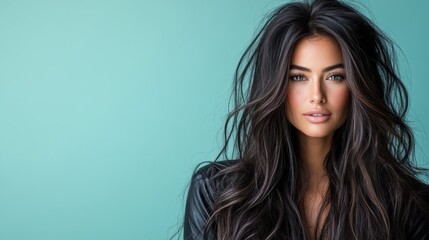 Fototapeta premium A stunning portrait of a beautiful woman with striking features and flowing hair against a minimalist backdrop, emphasizing fashion, elegance, and modern beauty trends in a bold way.