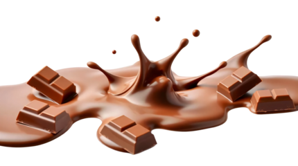 Chocolate splash with chocolate bar pieces isolated on transparent background