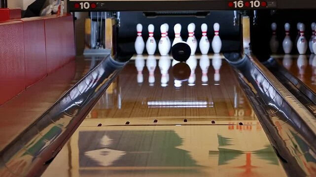 Bowling strike montage with dark green ball