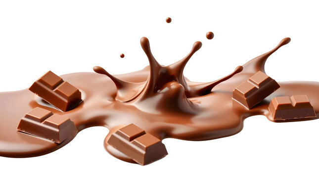 Chocolate splash with chocolate bar pieces isolated on transparent background