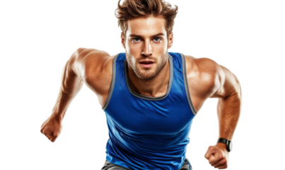 Strong male athlete in blue tank top sprinting forward showcasing determination and power, isolated on a clean background perfect for fitness themes.