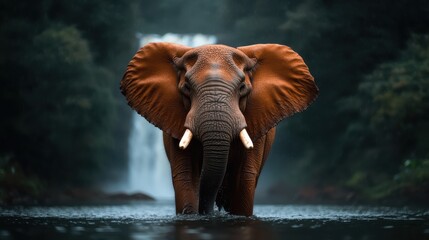 A powerful elephant stands gracefully in a rainforest river, surrounded by a stunning waterfall, captivating viewers while showcasing the magnificence of wildlife in nature.