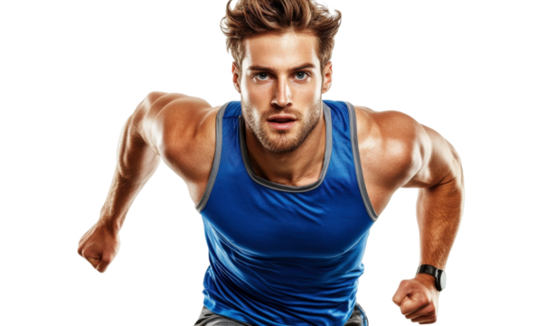 Strong male athlete in blue tank top sprinting forward showcasing determination and power, isolated on a clean background perfect for fitness themes.